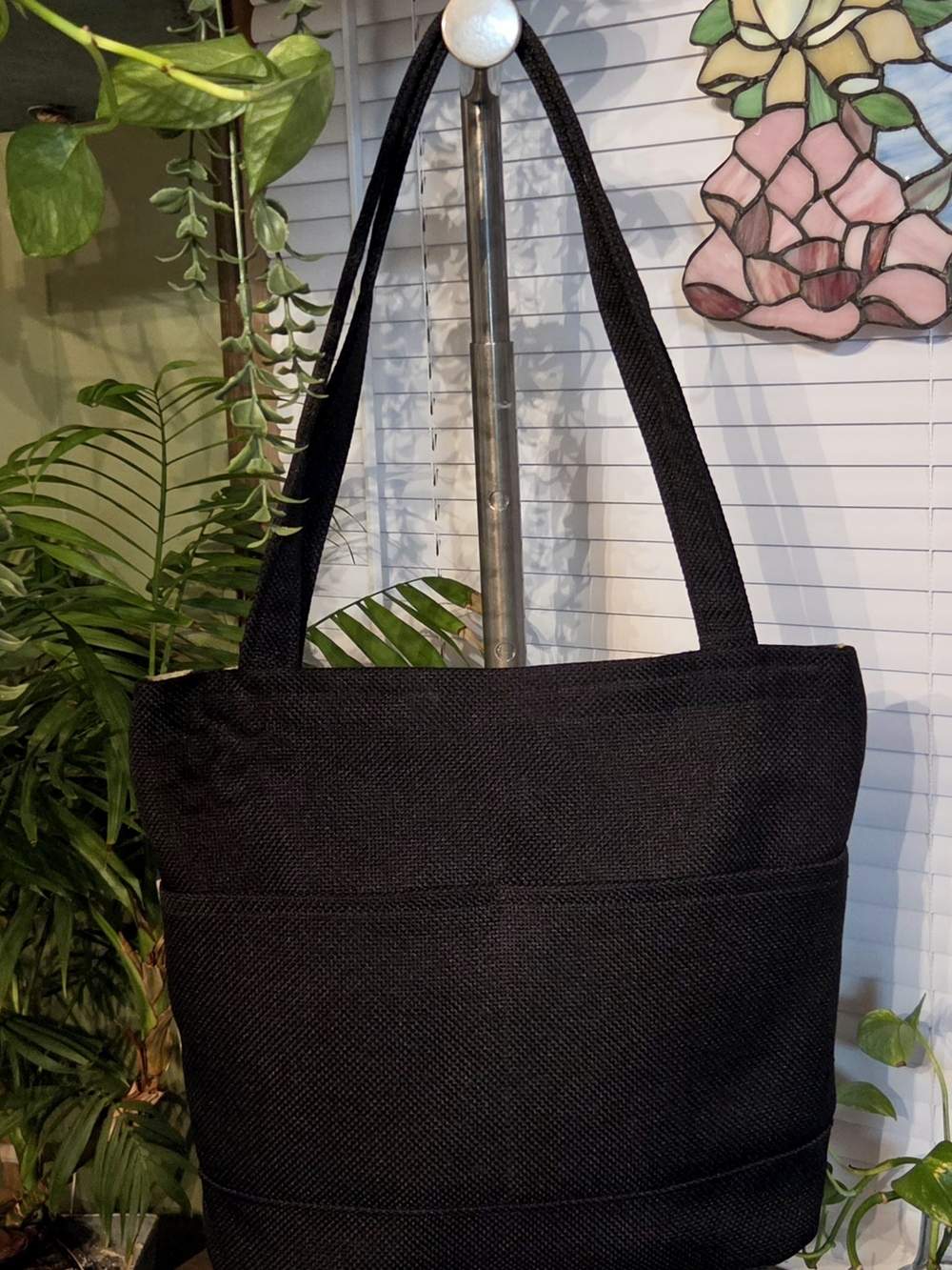 Handmade Tropical Lillies Black Canvas Tote Bag Medium - Picture 6 of 7